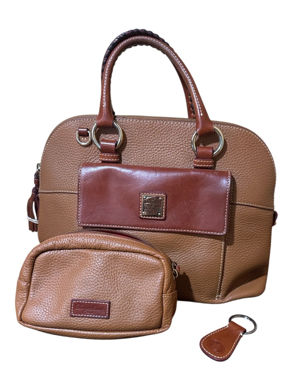 Dooney & Bourke Brown Leather Satchel with Burgundy Flap